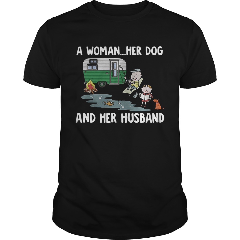 Camping a woman her dog and her husband shirts