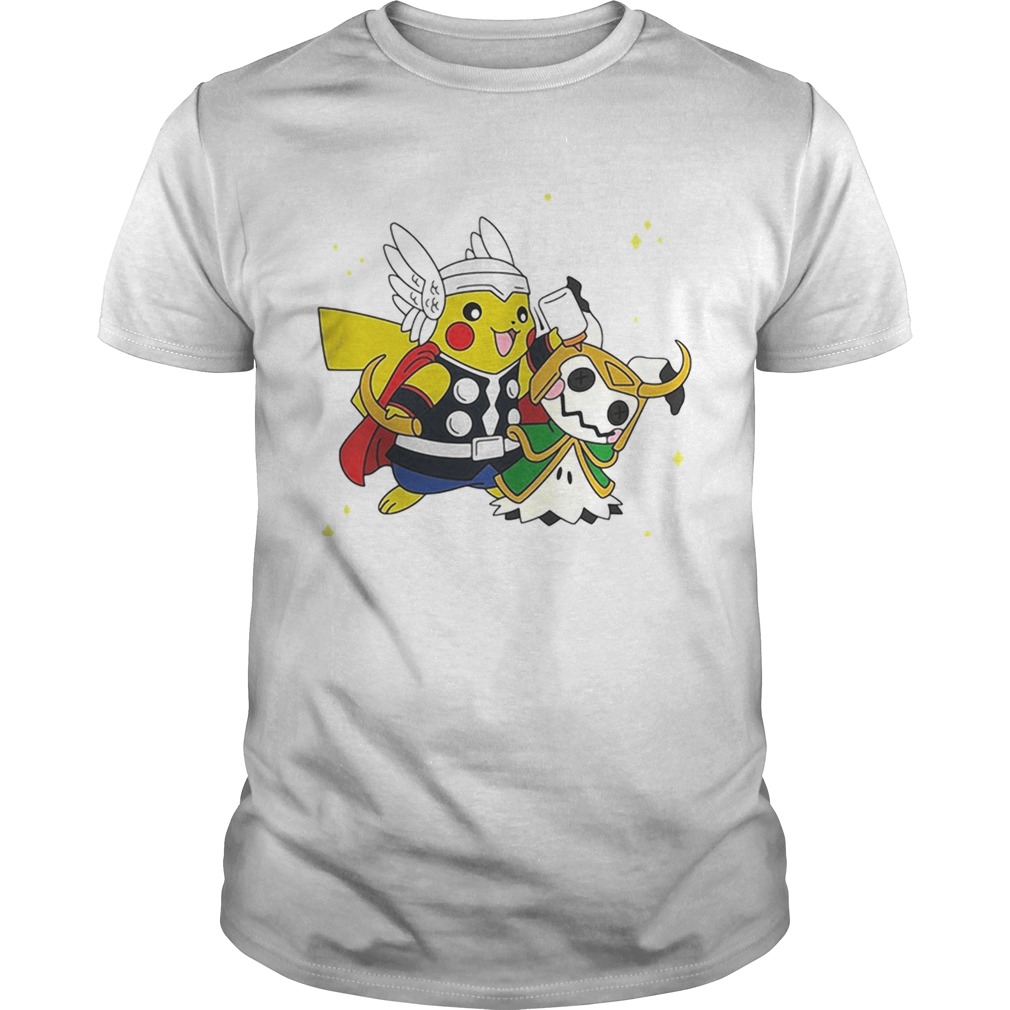 Pikachu Thor helping Mimikyu Loki shirts