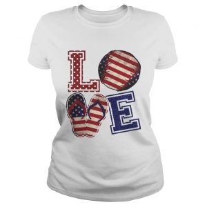 Love Baseball Softball Flip Flops USA Flag 4th Of July ladies tee