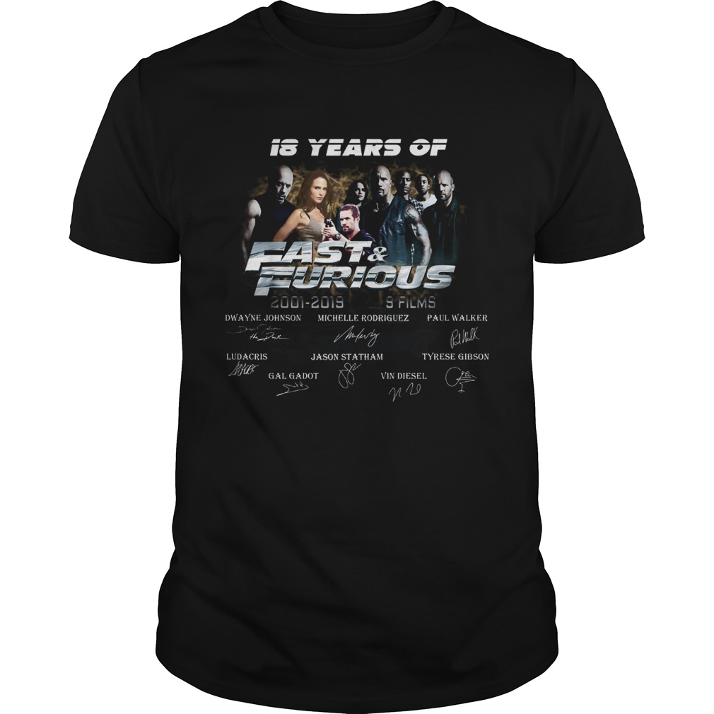 18 years of fast and furious thank you for the memories signatures 20012019 9 films shirt