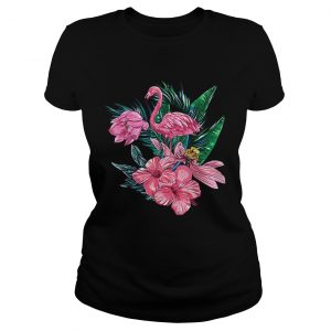 Pink Flamingo Watercolor Hawaiian Flowers Floral ladies tee