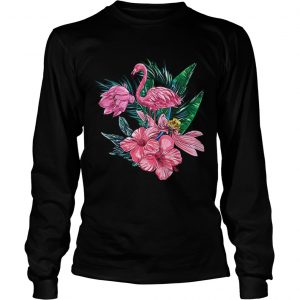 Pink Flamingo Watercolor Hawaiian Flowers Floral longsleeve tee