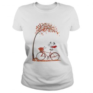 Snoopy riding bicycle autumn leaf tree ladies tee