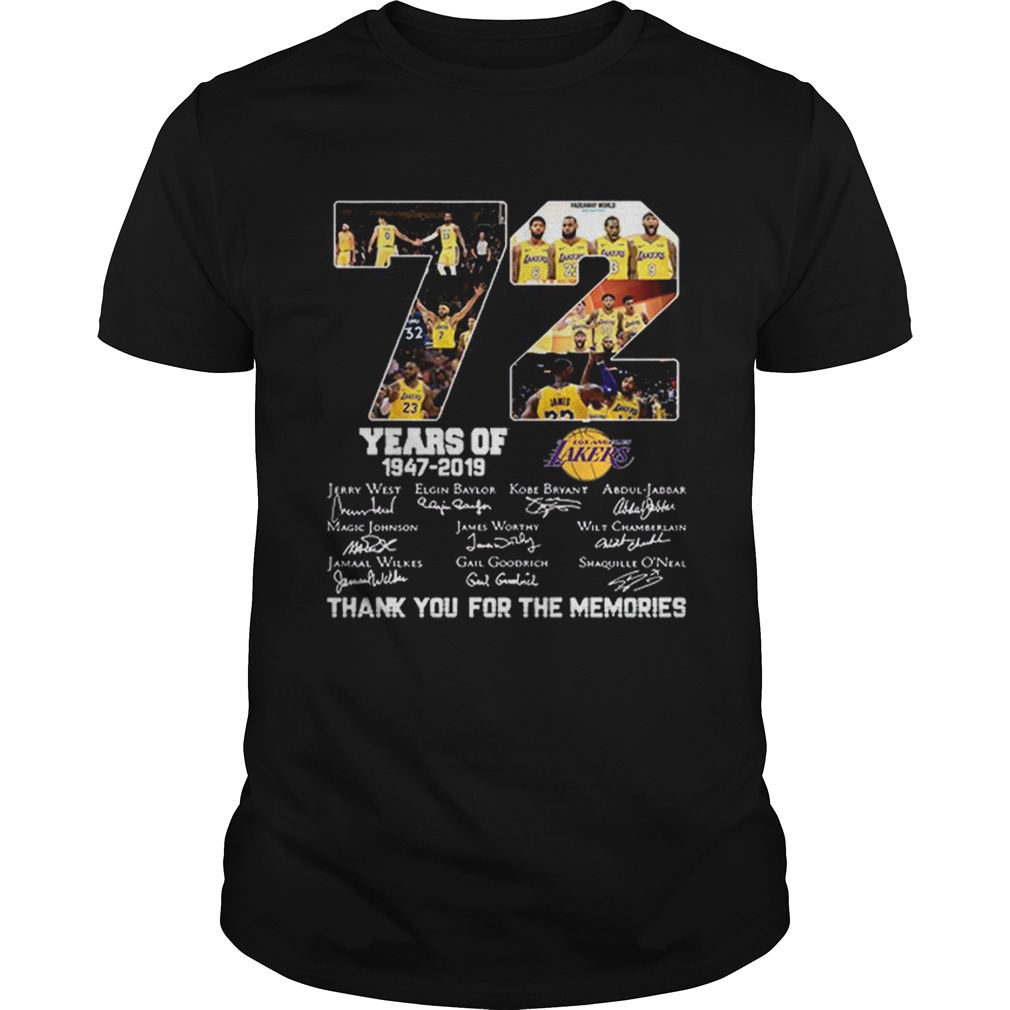 Top 72 years of Los Angeles Lakers 19472019 signatures shirt