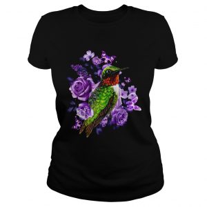 Hummingbird and purple rose flower ladies tee