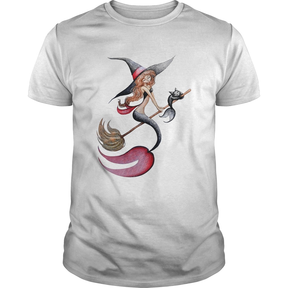 Halloween witch mermaid is riding a broom with her cat shirt