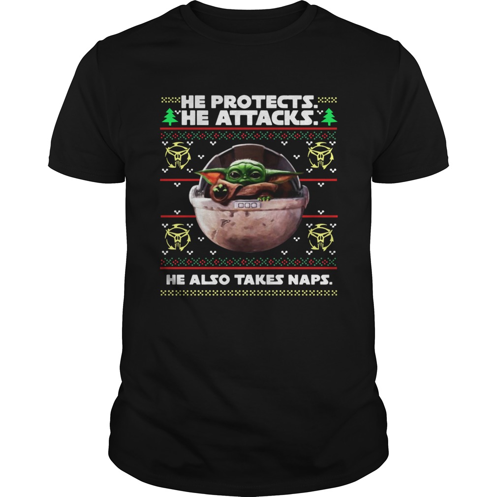 Baby Yoda he protects he attacks he also takes naps ugly christmas sweater