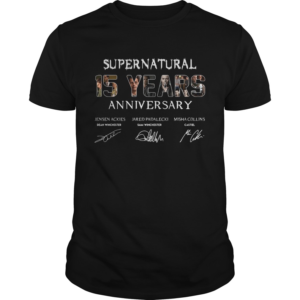 Supernatural 15 Years anniversary Jensen Ackles Jared Padalecki Misha Collins signature shirt