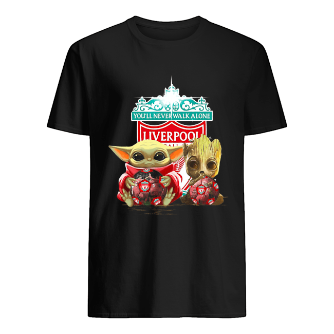 Baby Yoda And Baby Groot Hug Liverpool shirt