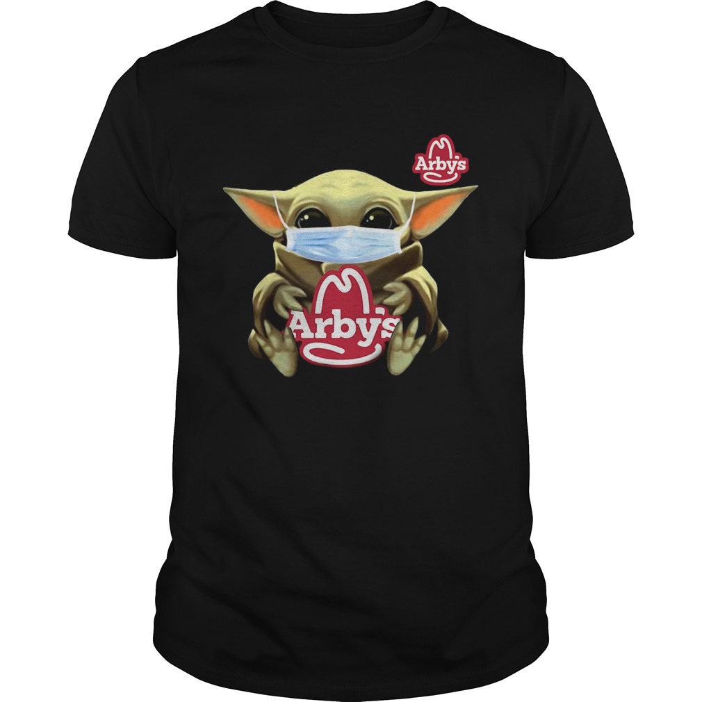 Baby Yoda face mask hug Arbys shirt