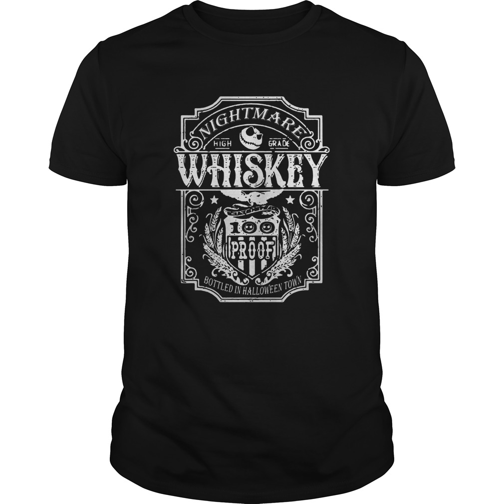 Jack skellington nightmare high grade whiskey 100 proof bottled in halloweentown shirt