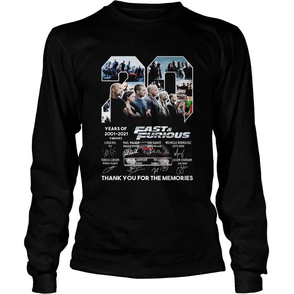 20 years of 2001 2021 9 movies fast and furious thank you for the memories signatures  Long Sleeve