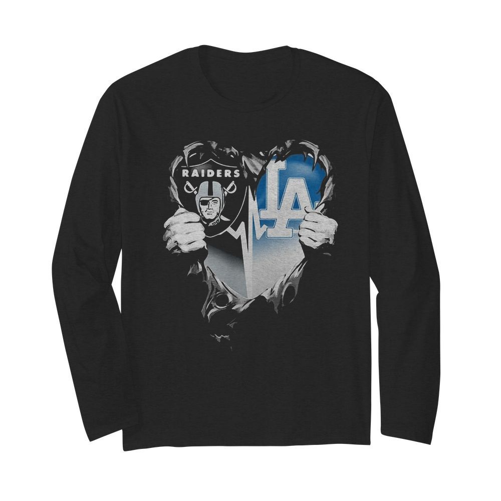 Blood inside oakland raiders and los angeles dodgers heart heartbeat  Long Sleeved T-shirt 