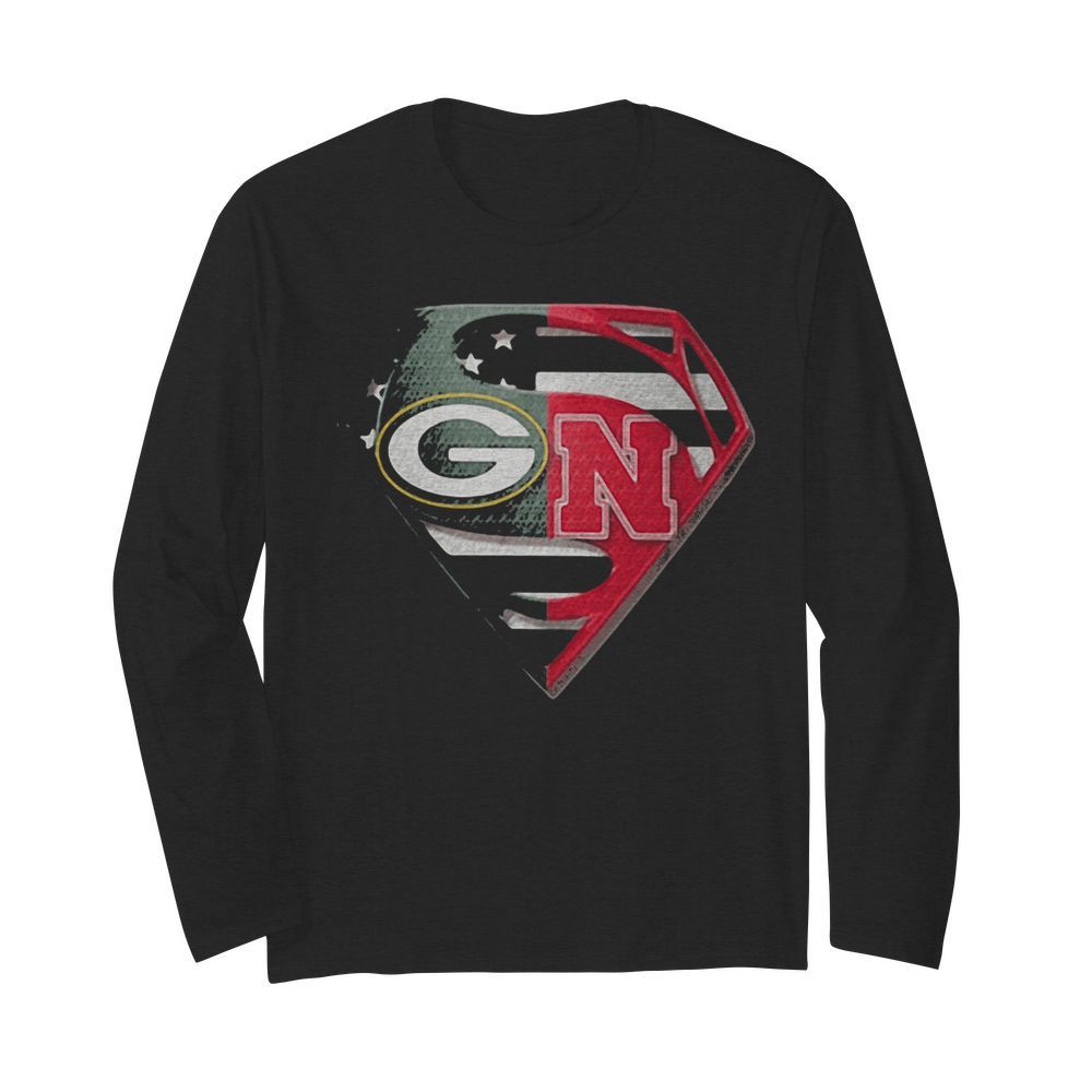 Superhero green bay packers and nebraska cornhuskers diamond american flag independence day  Long Sleeved T-shirt 