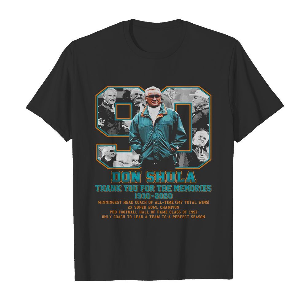 90 don coach shula thank you for the memories 1930-2020 miami dolphins football shirt