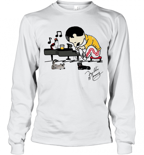 Freddie Mercury Playing Piano With His Cats Signature T-Shirt Long Sleeved T-shirt 