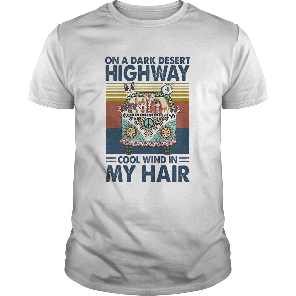 Hippie girl and dogs drive car on a dark desert highway cool wind in my hair shirt