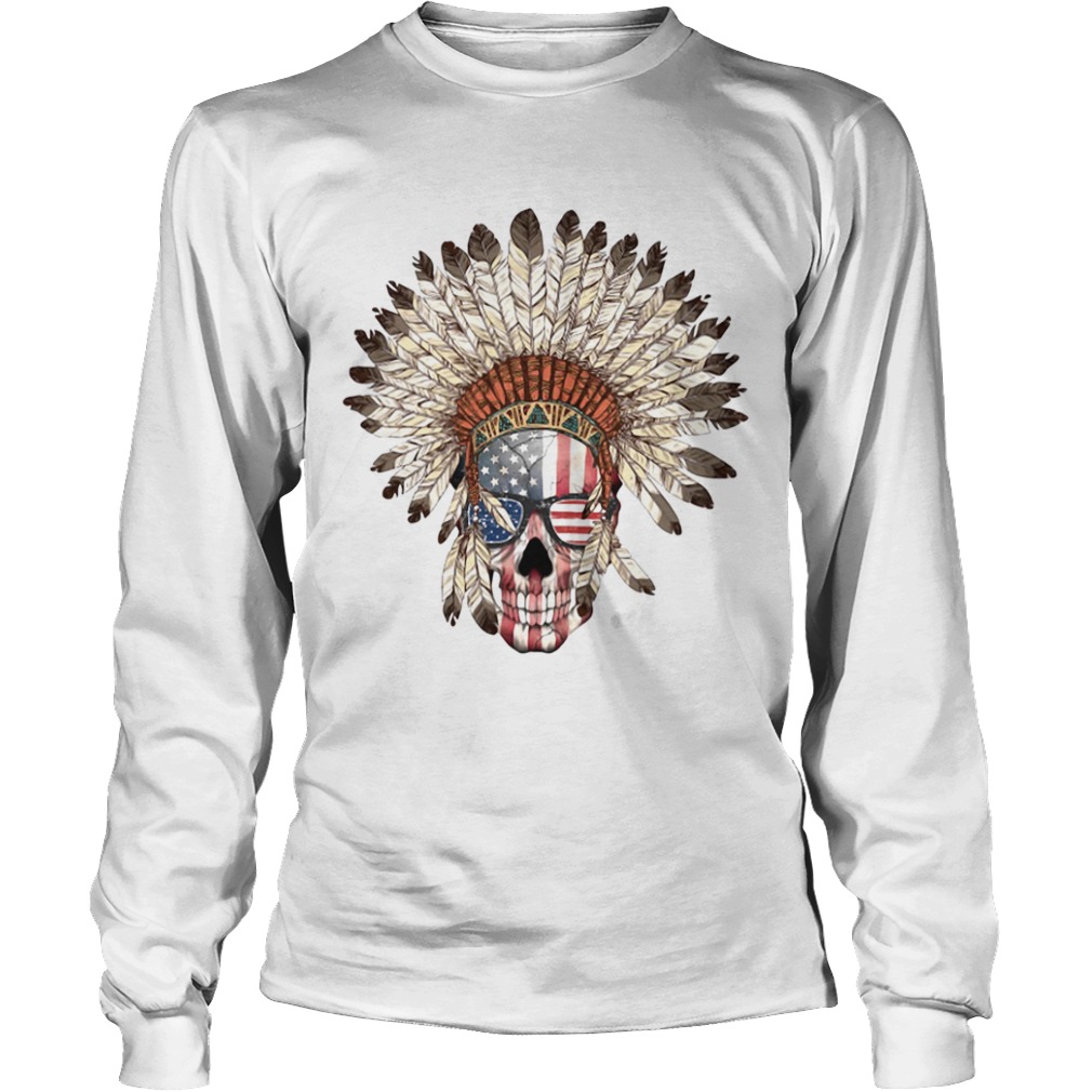 Native american headdress drawing skull American flag veteran Independence Day  Long Sleeve