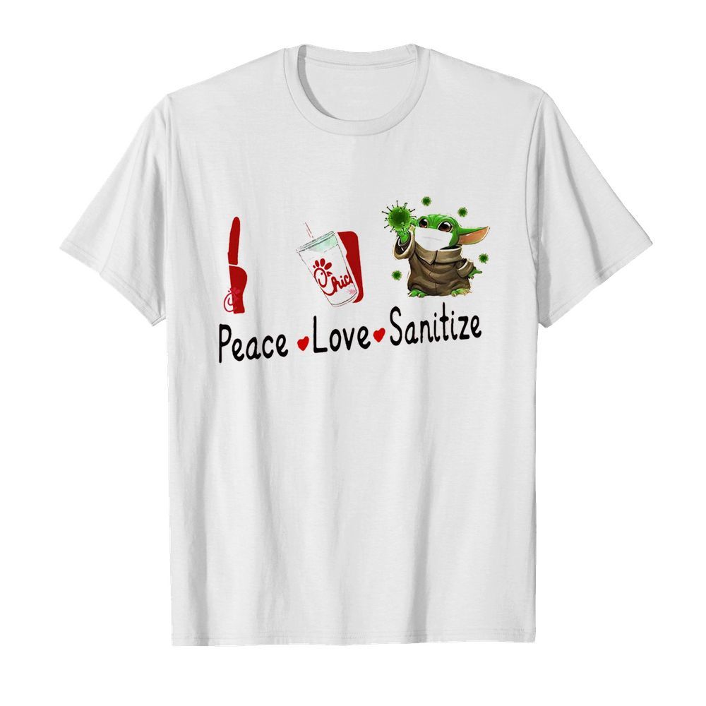 Peace love sanitize baby yoda mask covid-19 chick fil logo shirt