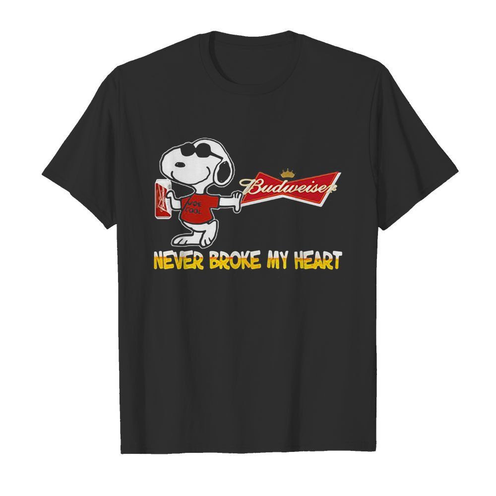 Snoopy budweiser beer never broke my heart logo shirt