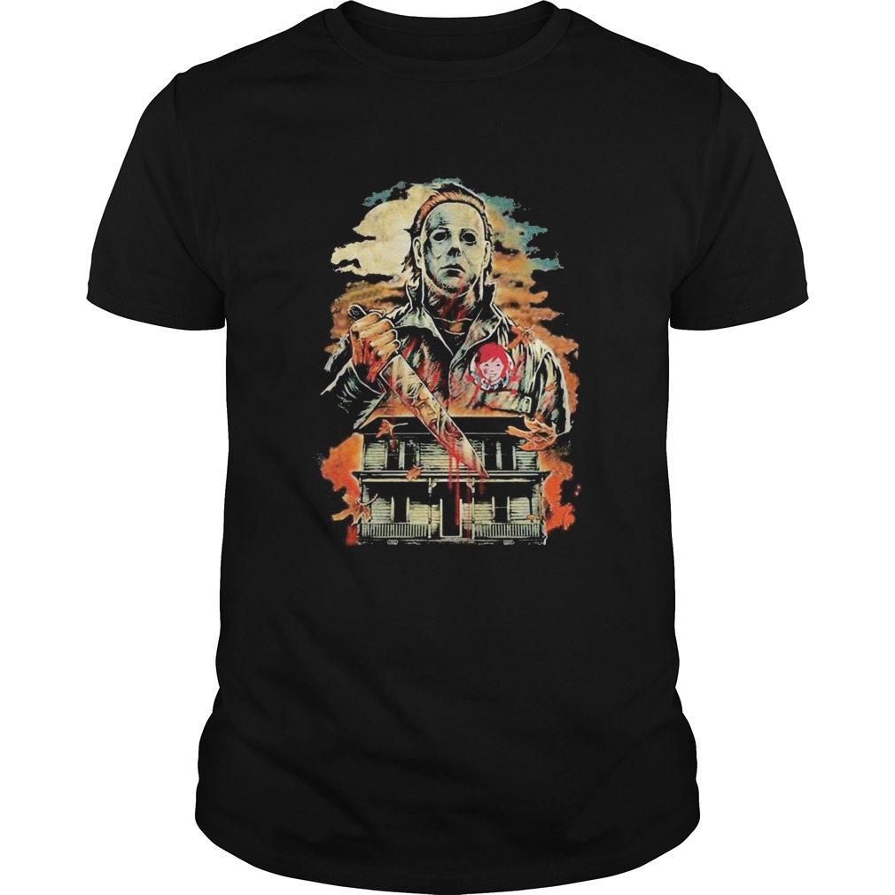 Halloween michael myers holding knife fire wendys shirt