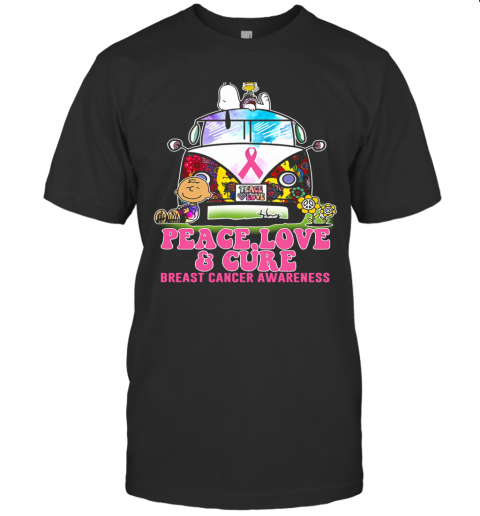 Hippie Bus Snoopy And Charlie Brown Peace Love And Cure Breast Cancer Awareness T-Shirt Classic Men's T-shirt