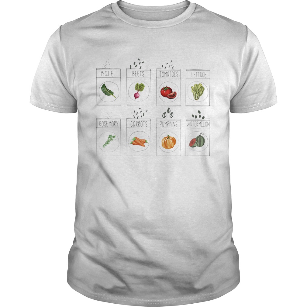 Kale beets tomatoes lettuce rosemary carrots pumpkins watermelon shirt