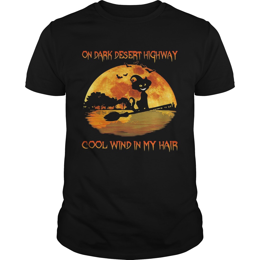 On dark desert highway cool wind in my hair cat riding a broom moon halloween shirt