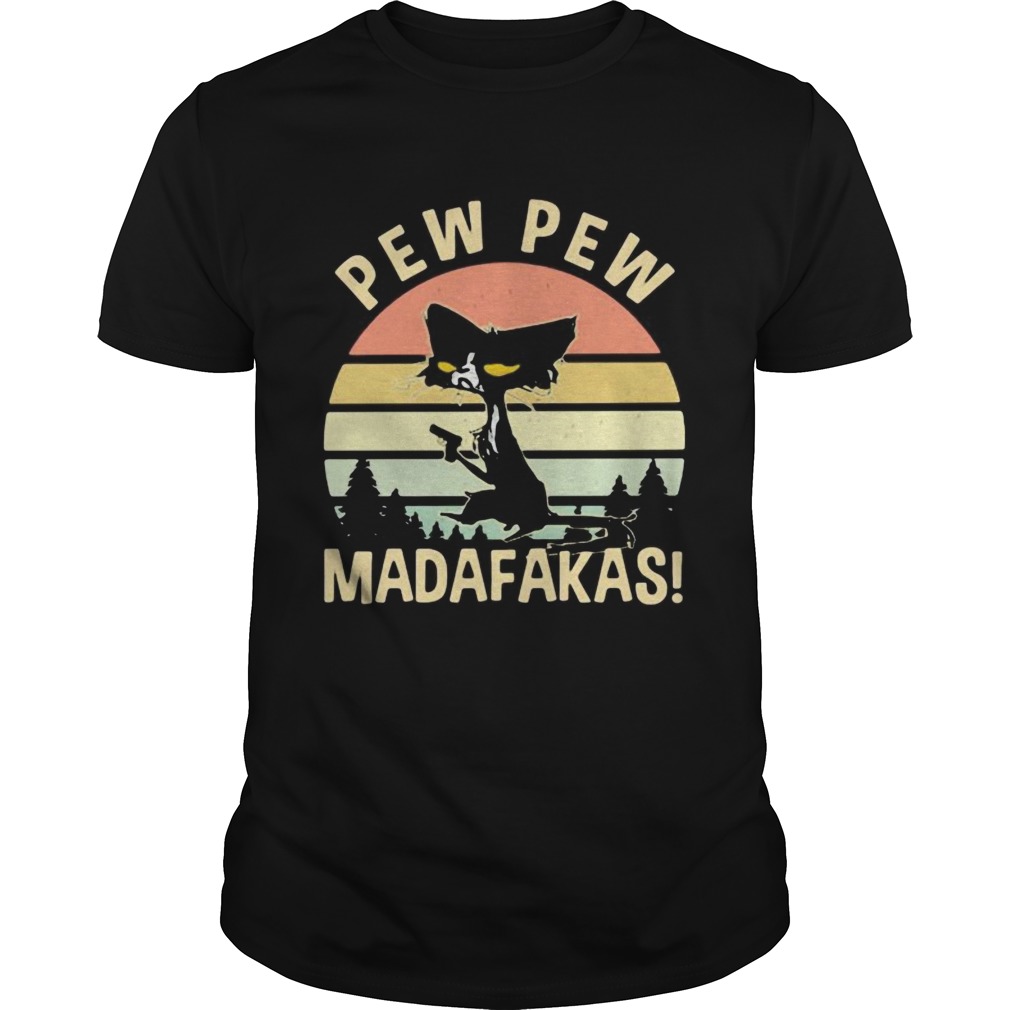 Pew pew madafakas black cat gun vintage retro shirt