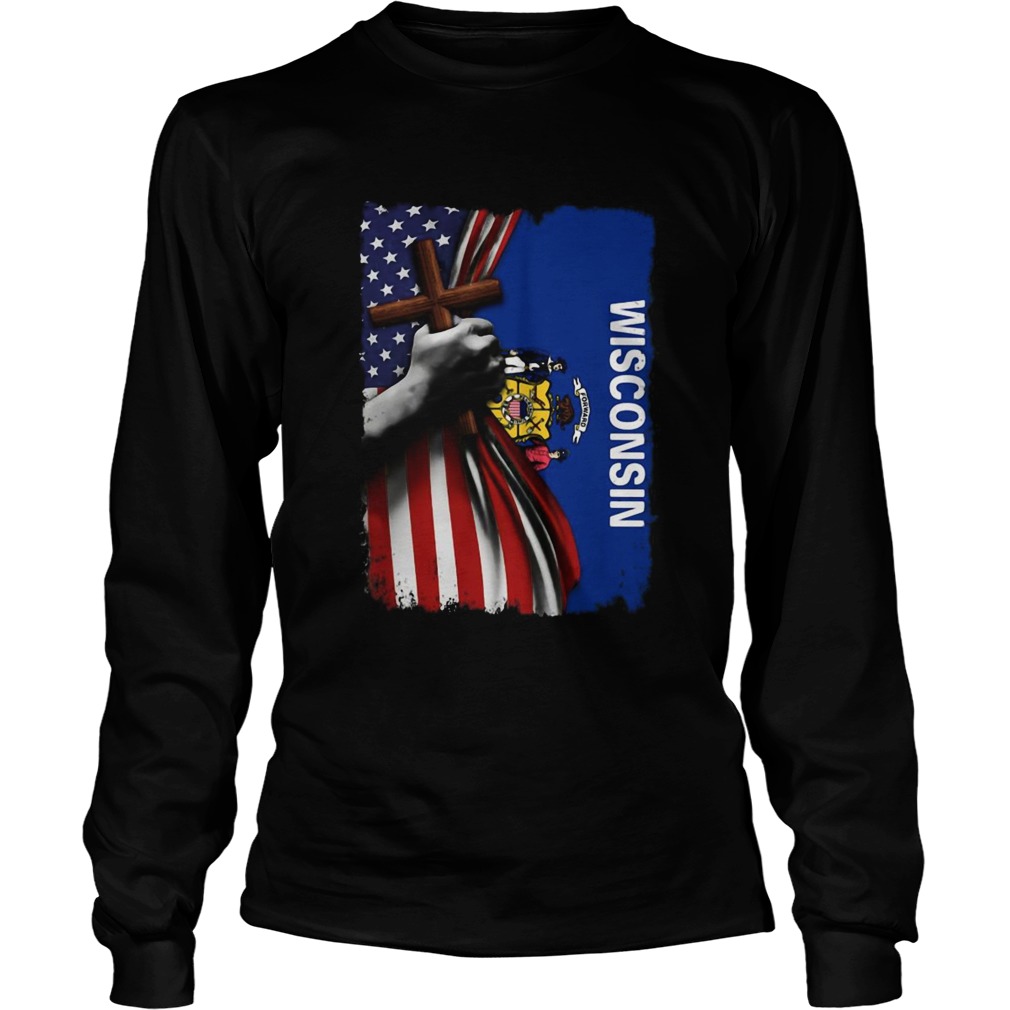 Wisconsin american flag cross happy independence day  Long Sleeve