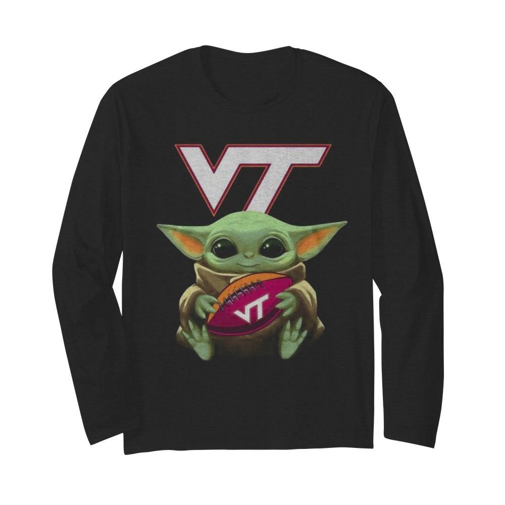 Baby yoda hug virginia tech football  Long Sleeved T-shirt 