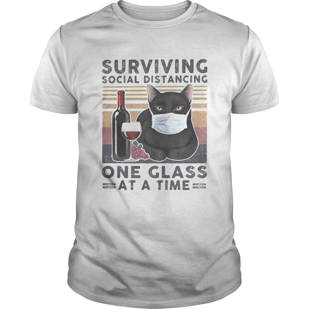 Black Cat Face Mask Wine Surviving social distancing one glass at a time vintage retro shirt