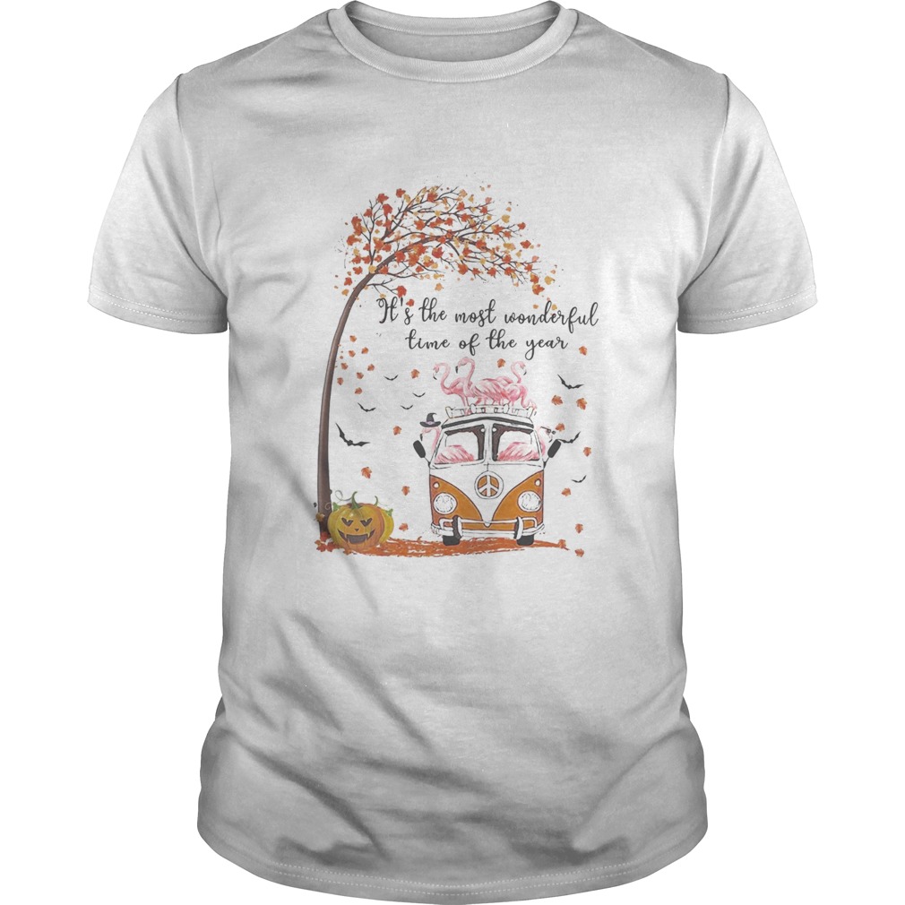 Flamingo riding peace bus its the most wonderful time of the year leaves tree shirt