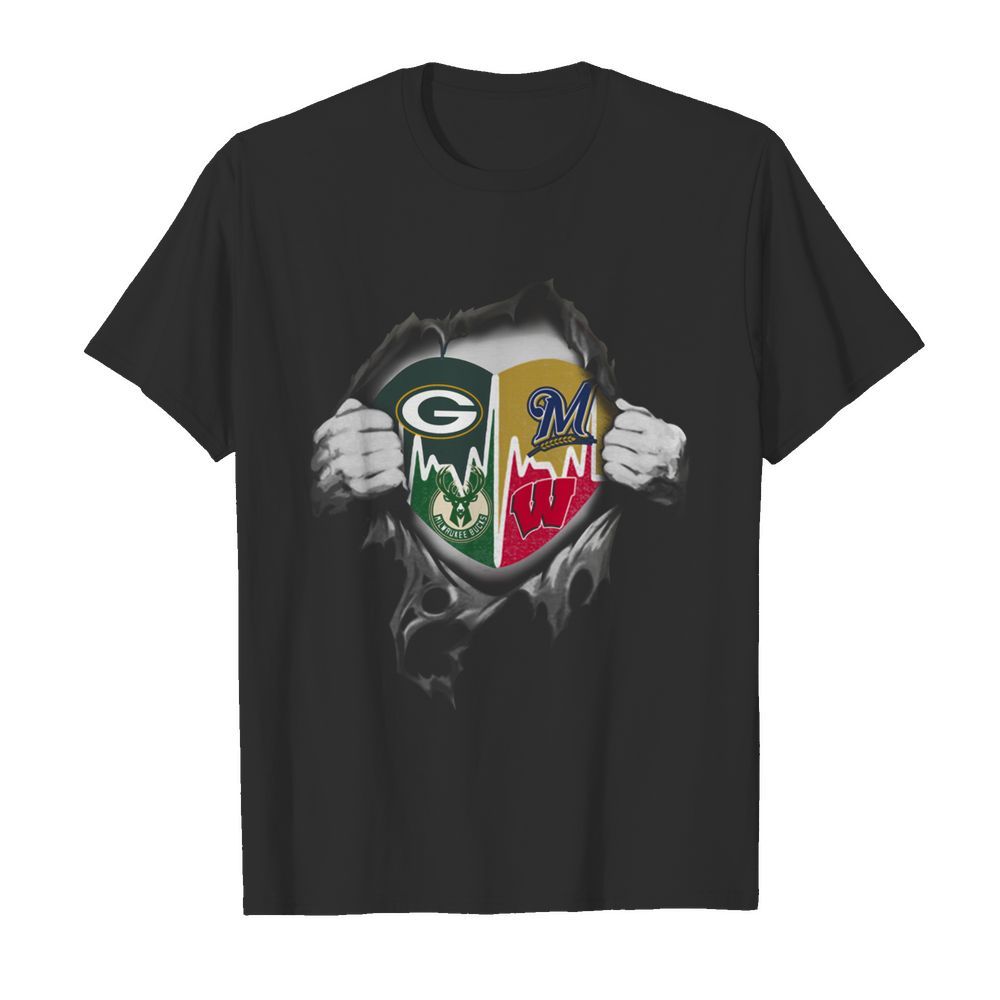 Green Bay Packers Milwaukee Brewers Milwaukee Bucks Wisconsin Badgers Heartbeat Ripped shirt