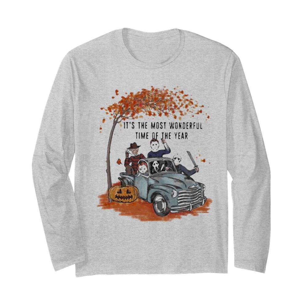 Halloween horror characters riding car it’s the most wonderful time of the year leaves tree  Long Sleeved T-shirt 