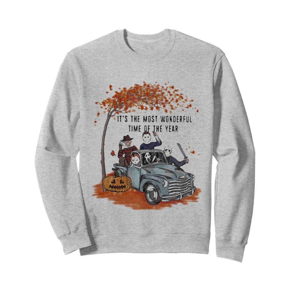 Halloween horror characters riding car it’s the most wonderful time of the year leaves tree  Unisex Sweatshirt