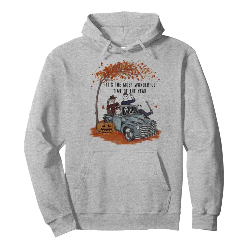 Halloween horror characters riding car it’s the most wonderful time of the year leaves tree  Unisex Hoodie