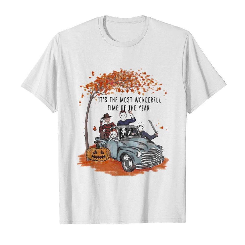 Halloween horror characters riding car it’s the most wonderful time of the year leaves tree shirt