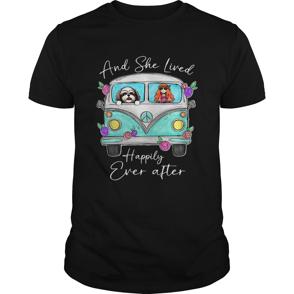 Peace bus yorkie and she lived happily ever after flowers shirt