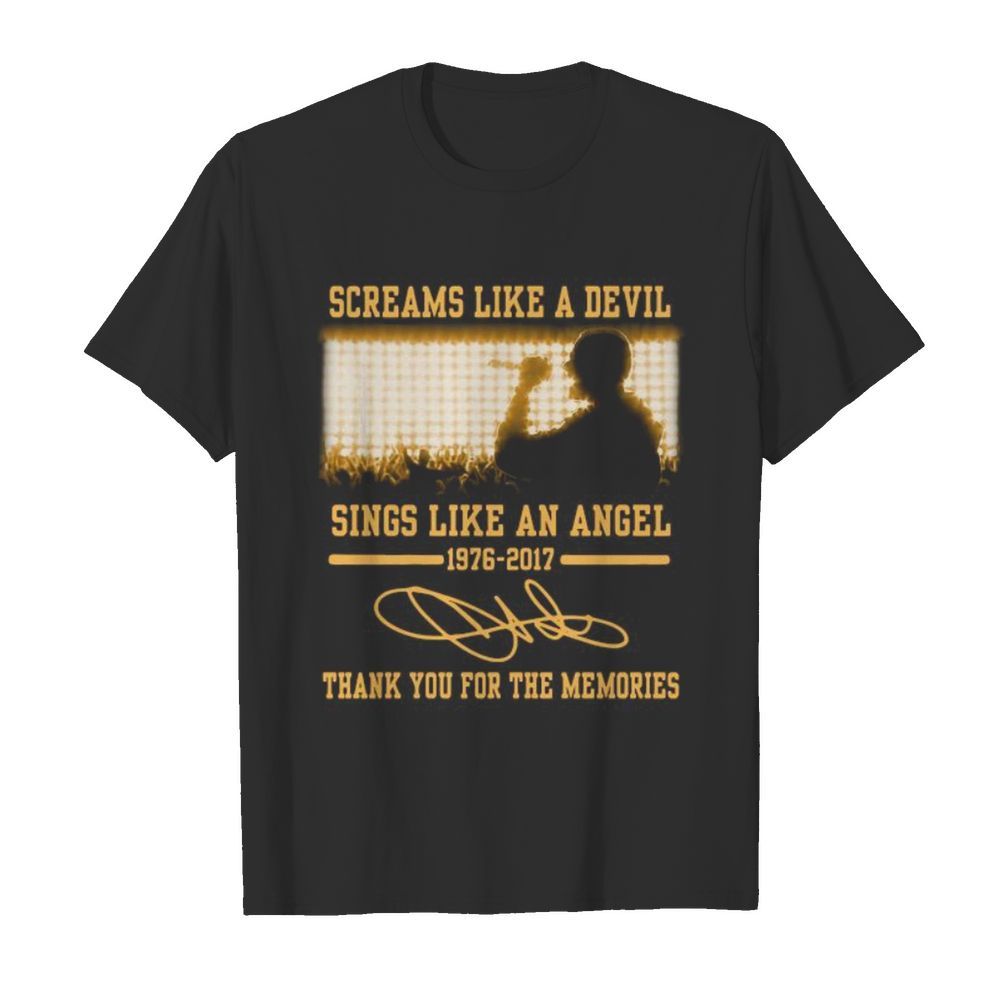 Screams like a devil sings like an angel 1976 2017 thank you for the memories signatures shirt