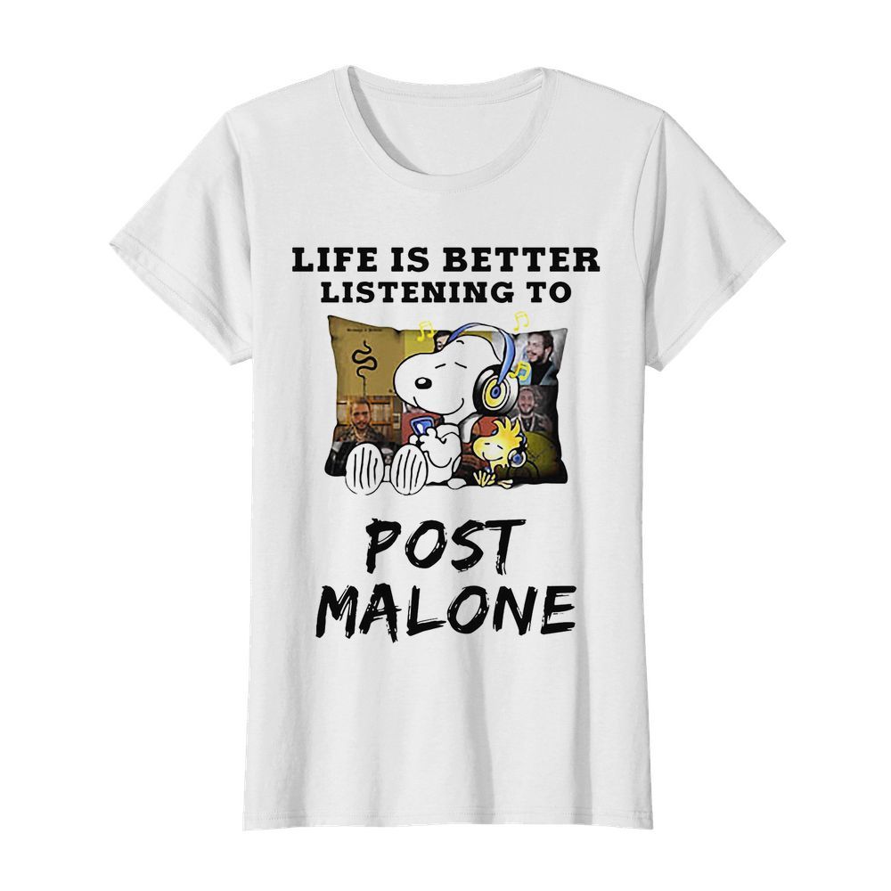 Snoopy and woodstock life is better listening to post malone  Classic Women's T-shirt