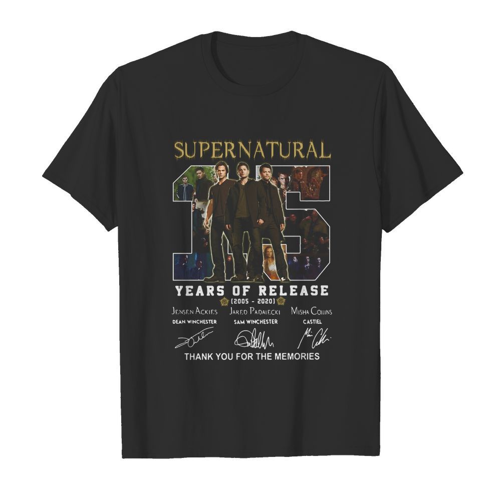 Supernatural 15 years of release 2005-2021 signatures thank you for the memories shirt