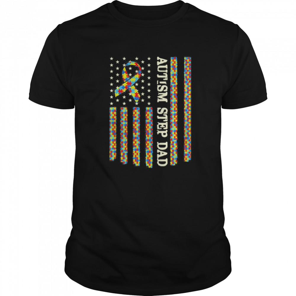 Autism Awareness Proud Autism Step Dad US Flag shirt