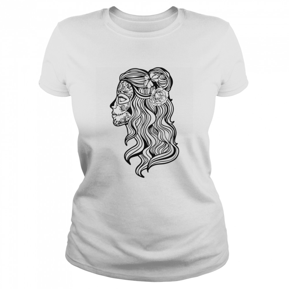 Black And White Beautiful Woman Skull With Smooth Hair Día De Los Muertos  Classic Women's T-shirt