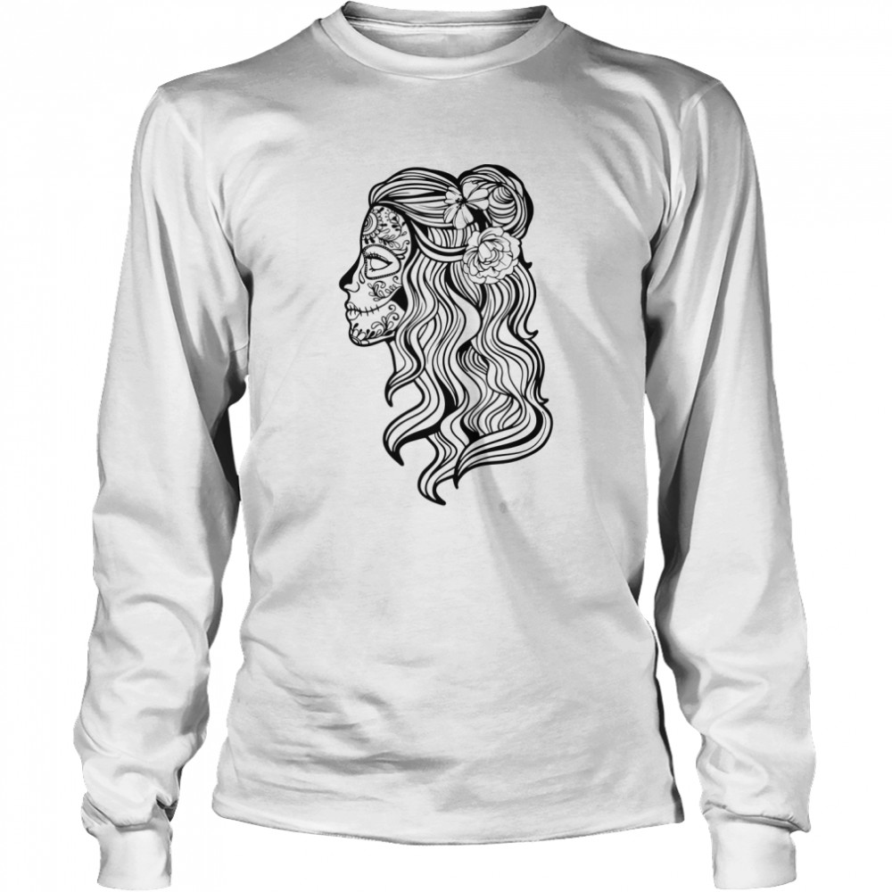 Black And White Beautiful Woman Skull With Smooth Hair Día De Los Muertos  Long Sleeved T-shirt