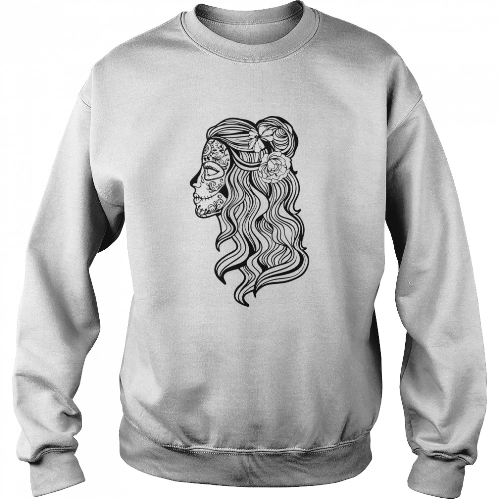 Black And White Beautiful Woman Skull With Smooth Hair Día De Los Muertos  Unisex Sweatshirt