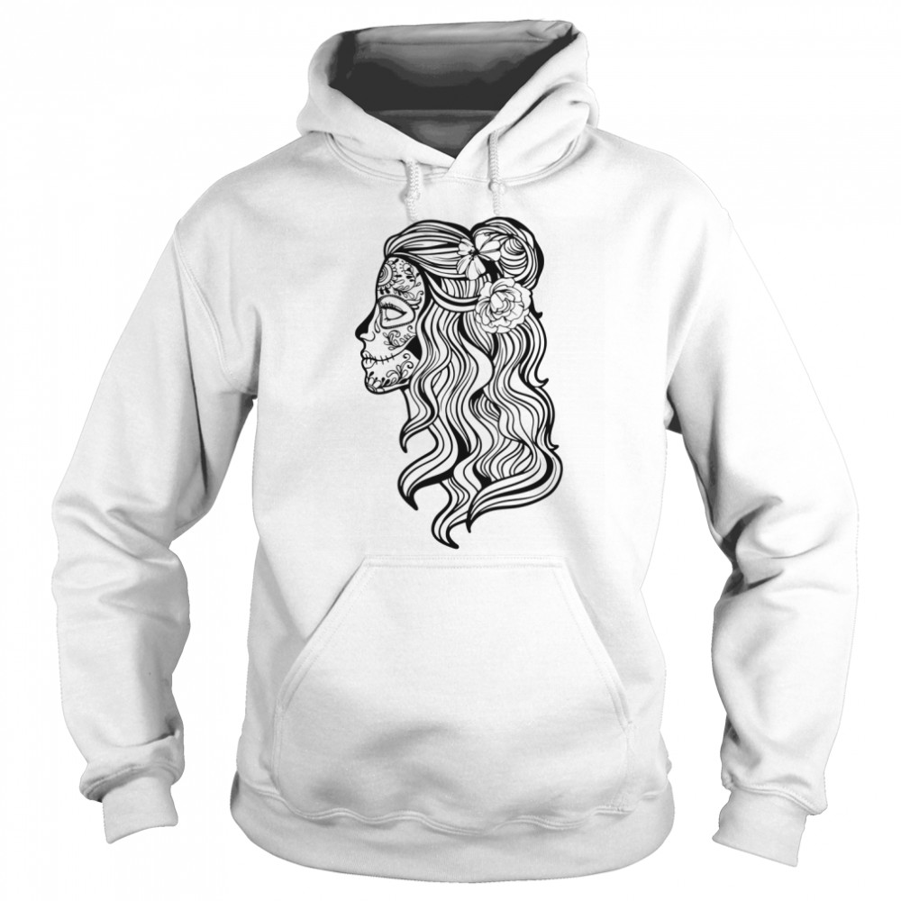 Black And White Beautiful Woman Skull With Smooth Hair Día De Los Muertos  Unisex Hoodie