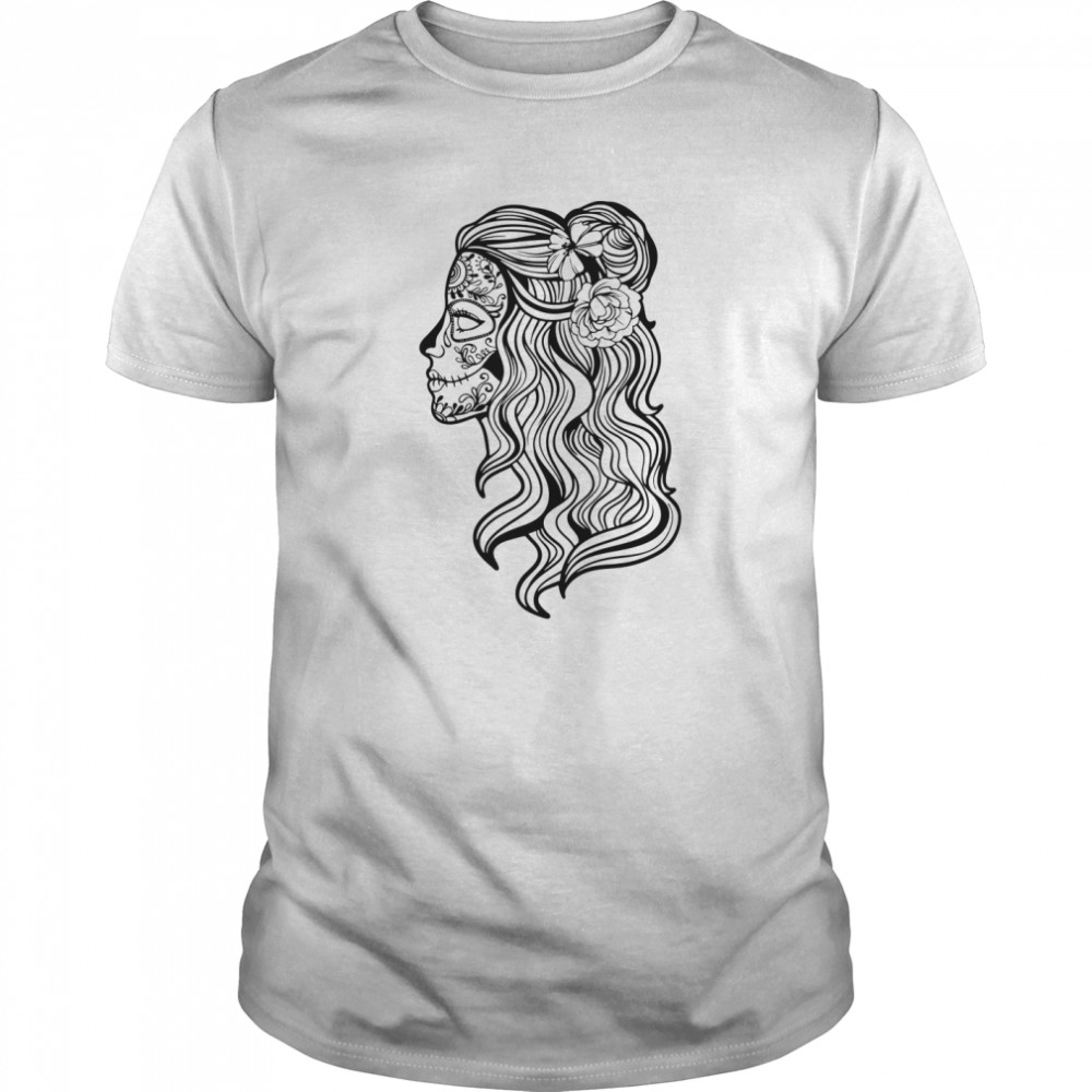 Black And White Beautiful Woman Skull With Smooth Hair Día De Los Muertos  Classic Men's T-shirt