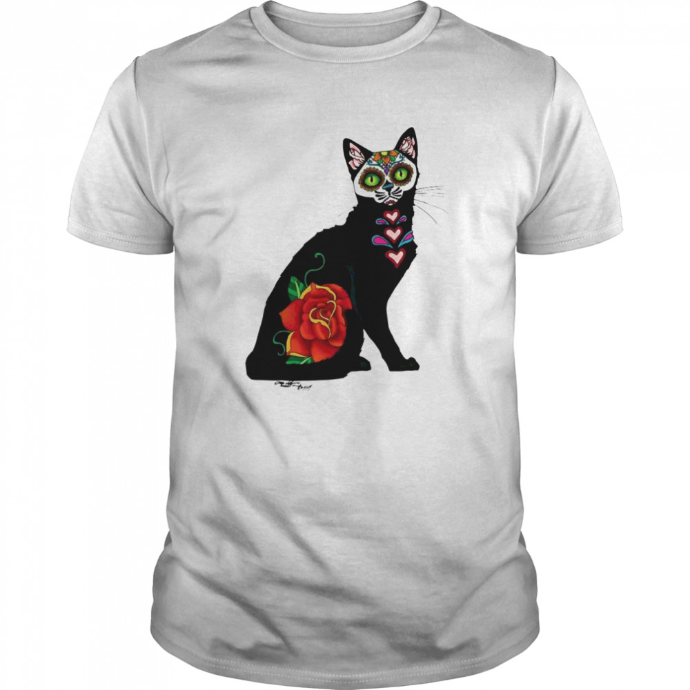 Black Cat Make Sugar Skull With Rose Day Of The Dead shirt