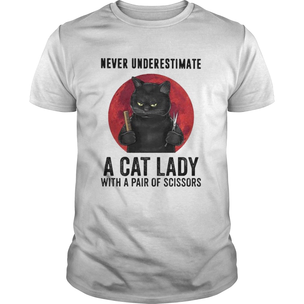 Black Cat Never underestimate a cat lady with a pair of scissors sunset shirt